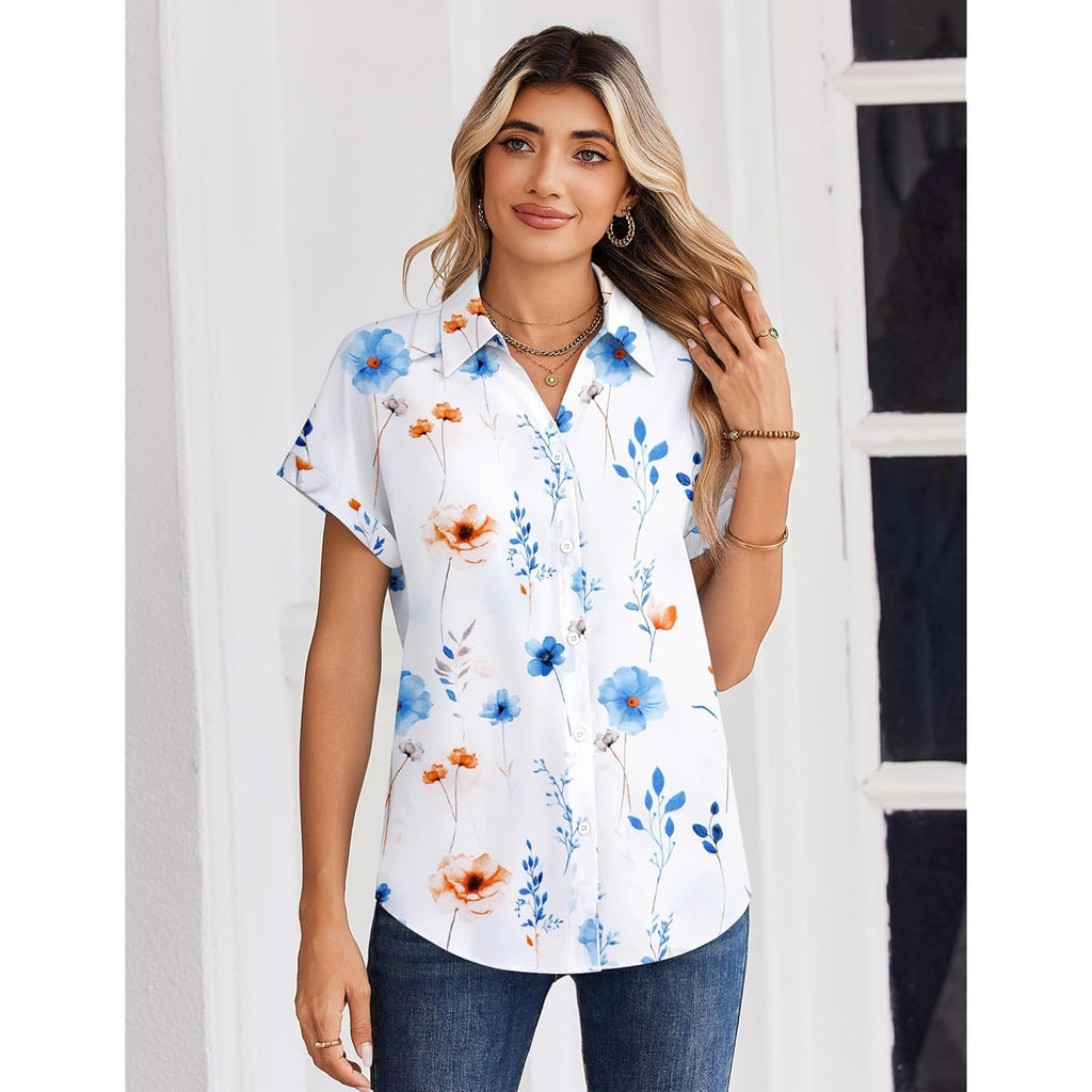 Women Blouses Short Sleeve Button Down Shirts Business Casual Dressy Work Tops Summer Spring Clothes