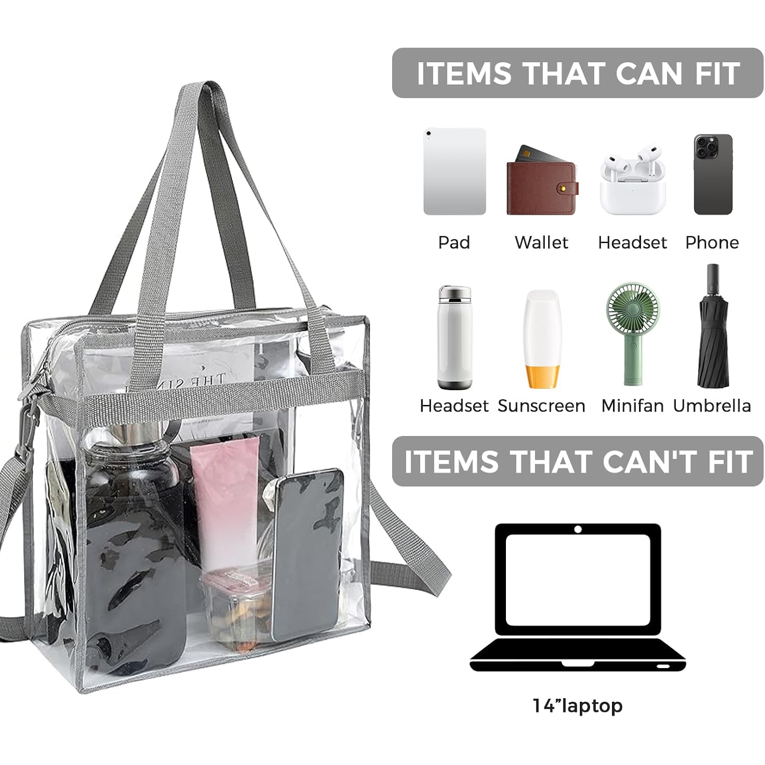 Bagail Clear Bags 12X6X12 Stadium Approved Clear Tote Bag With Zipper Closure Crossbody Shoulder Bag With Adjustable Strap