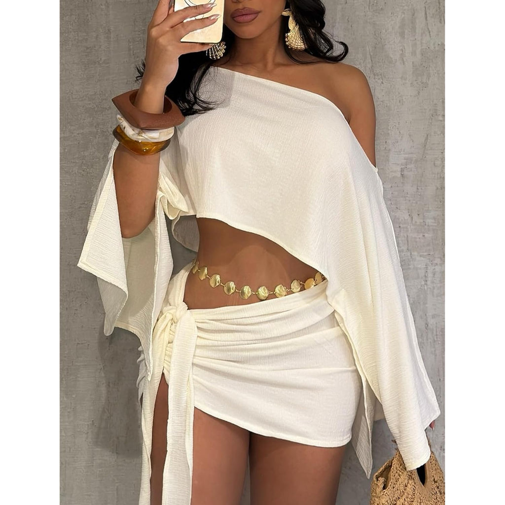 Jyaovo Women'S 2 Piece Outfits Batwing Off Shoulder Irregular Crop Top And Mini Skirt Set Sexy Matching Sets