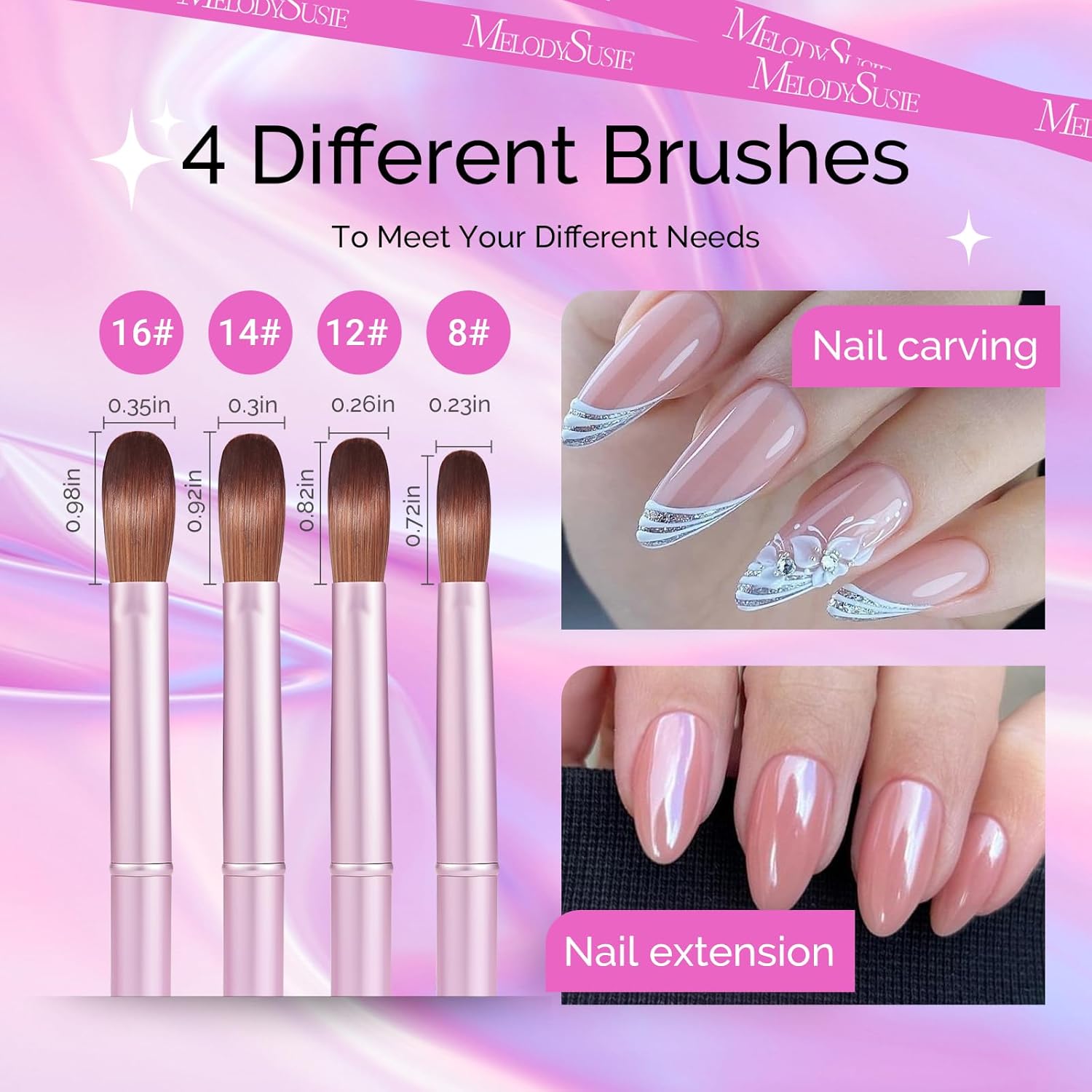 MelodySusie 4Pcs Acrylic Nail Brush Set, Size 8/12/14/16 Professional Nail Brushes for Acrylic Powder Nail Extension and 3D Nail Carving for DIY Home Salon