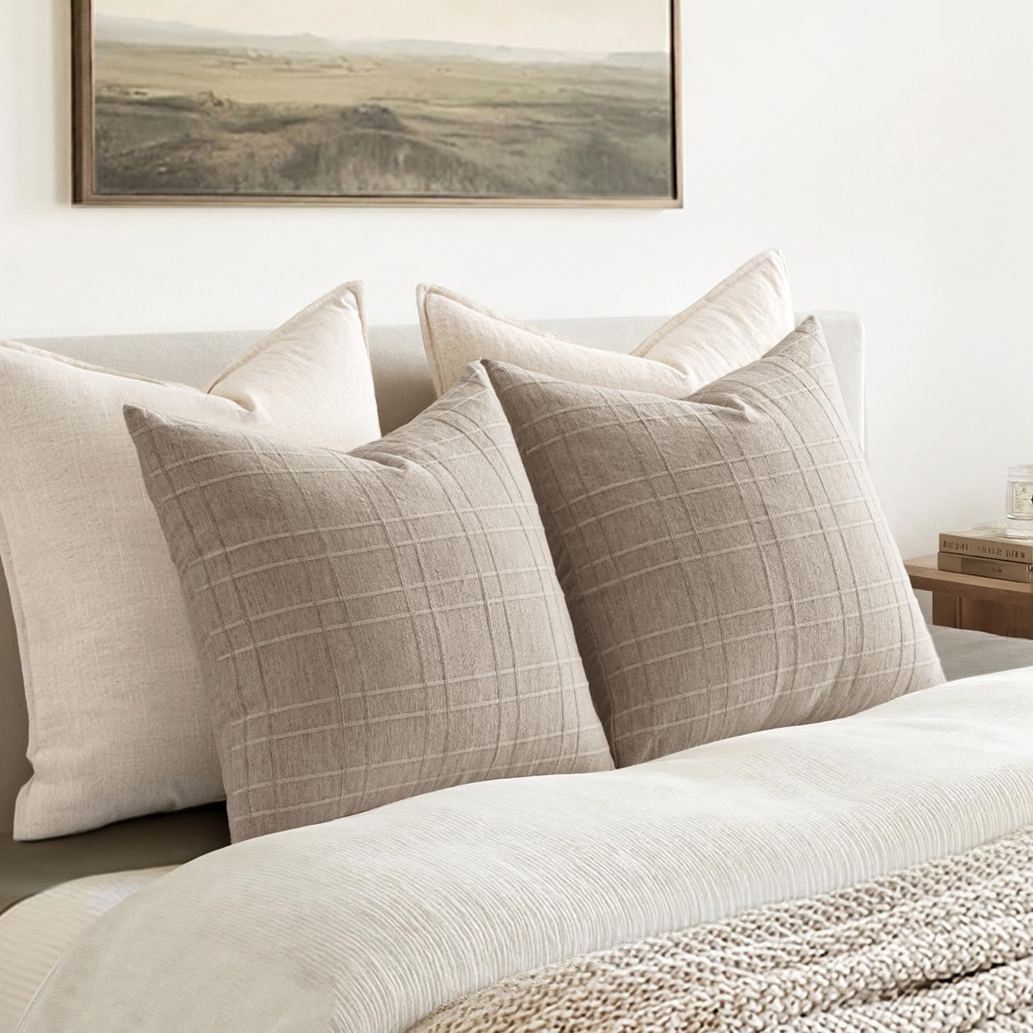 Miulee Decorative Linen Check Throw Pillow Covers Neutral Farmhouse Vintage Pillow Covers 20X20 Set Of 2 Boho Modern Home Decor For Sofa Couch Bedroom Cushion Natural Linen