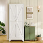 Farmhouse Storage Cabinet,75" H Metal Pantry Cabinet With Barn Doors And Adjustable Shelves,75" H 6-Tier Rustic Pantry Organizers For Kitchen,Dining Room,White