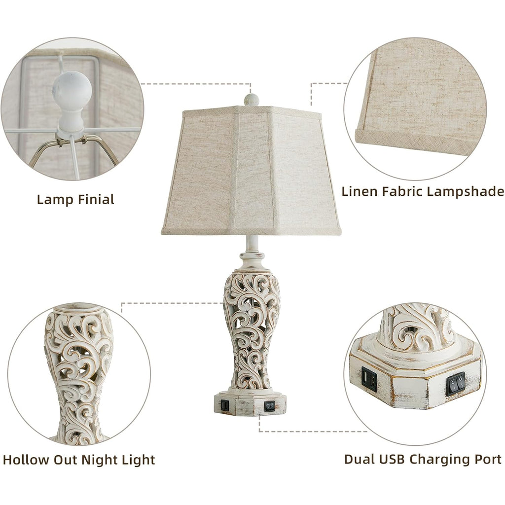 25'' Farmhouse Table Lamp For Living Room Bedroom With Usb C+A | Vintage Rustic Nightstand Desk Lamp With Nightlight, White Hollow Out Resin Lamp For End Table (Bulb Included)