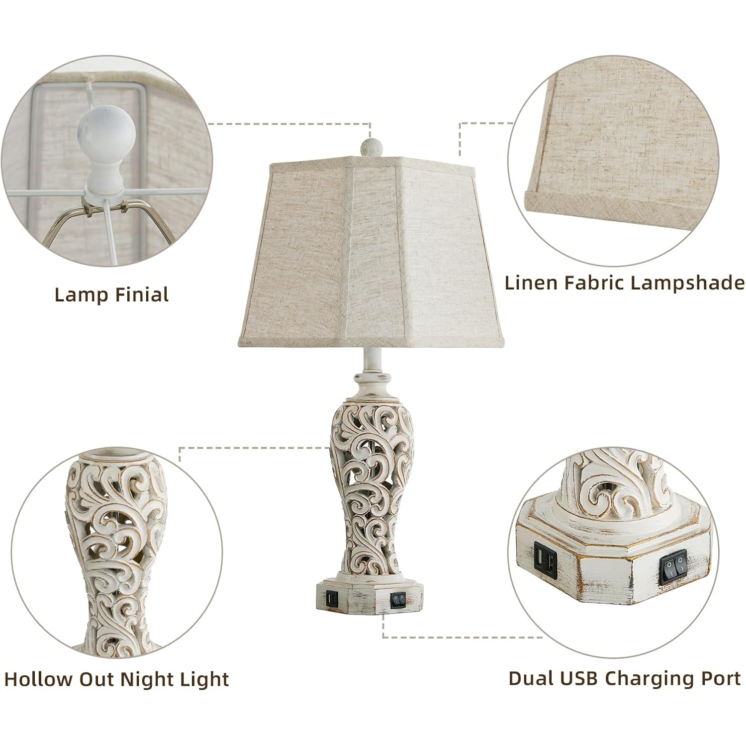 25'' Farmhouse Table Lamp For Living Room Bedroom With Usb C+A | Vintage Rustic Nightstand Desk Lamp With Nightlight, White Hollow Out Resin Lamp For End Table (Bulb Included)