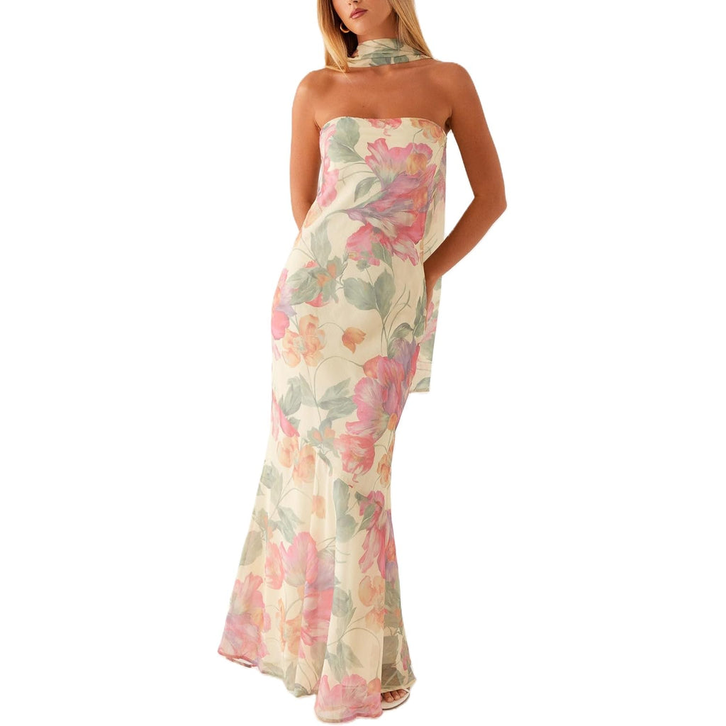 Women Strapless Floral Dress With Sarf Mesh Tube Maxi Dress Summer Cocktail Wedding Guest