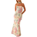 Women Strapless Floral Dress With Sarf Mesh Tube Maxi Dress Summer Cocktail Wedding Guest