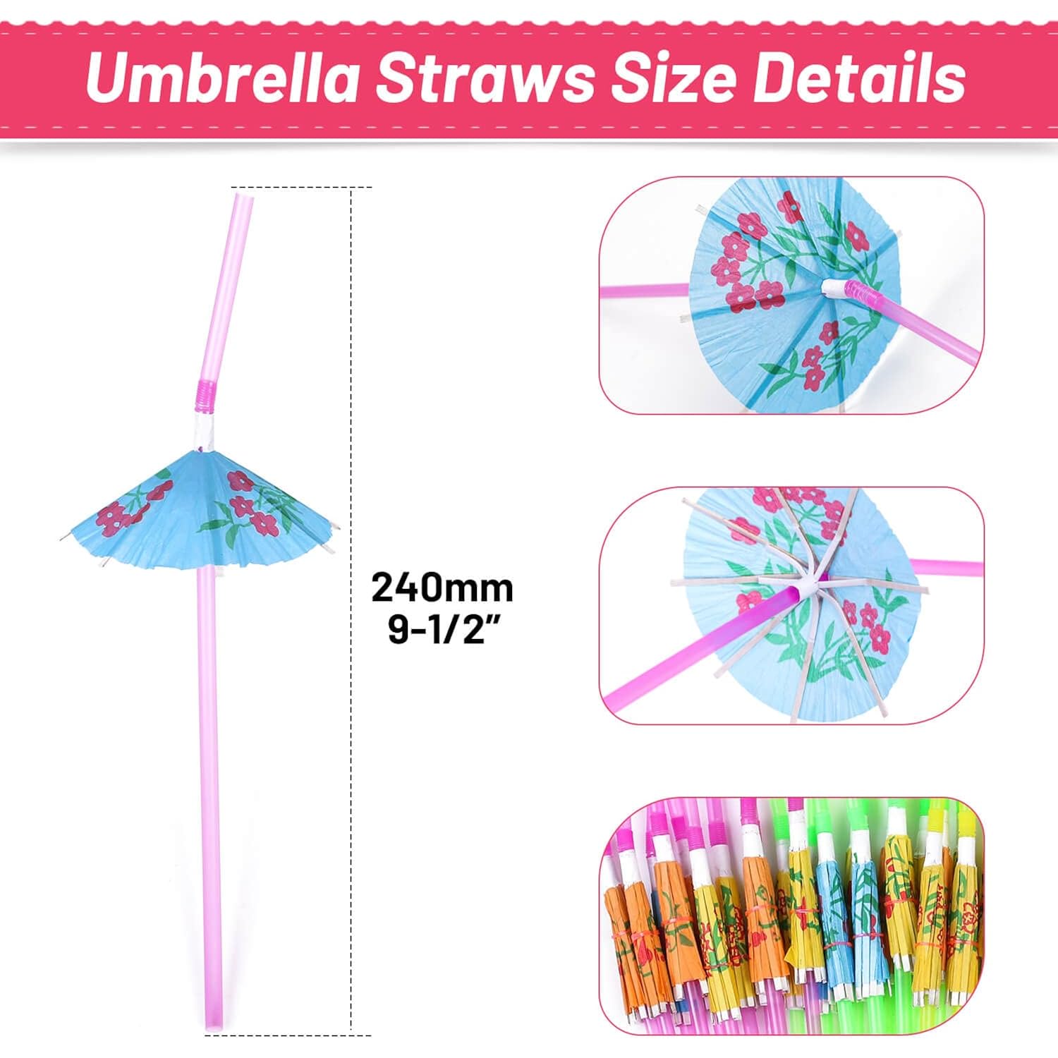 Paxcoo 50Pc Umbrella Straws For Cocktails, Tropical Hawaiian Luau Party Decorations (Assorted Colors)