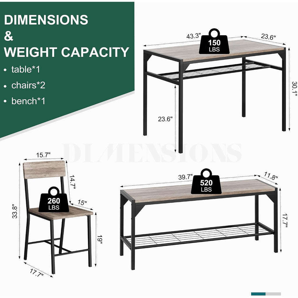 Shintenchi Kitchen Table Chairs Set Of 4, Dining Table Set For 4 With Bench And Chairs, 4 Pieces Kitchen Table Set With Storage Rack & Metal Frame For Small Space, Oak Gray
