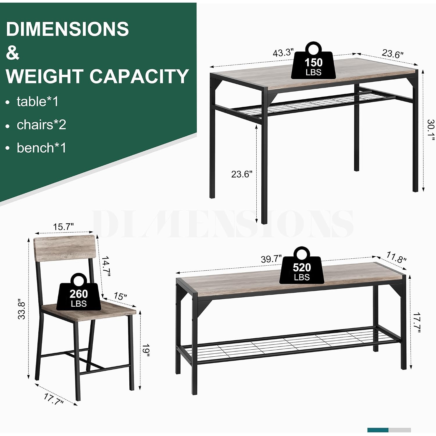 Shintenchi Kitchen Table Chairs Set Of 4, Dining Table Set For 4 With Bench And Chairs, 4 Pieces Kitchen Table Set With Storage Rack & Metal Frame For Small Space, Oak Gray
