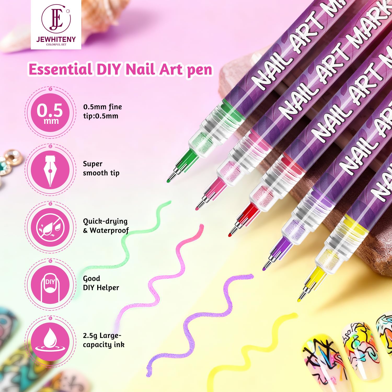 JEWHITENY 12 colors 0.5mm Nail Art Pen Kit: Quick drying Nail Polish Pens, Drawing Painting Point Liner Acrylic Painted Pen Kit for DIY Nail Design, Home & Salon Manicure Tools