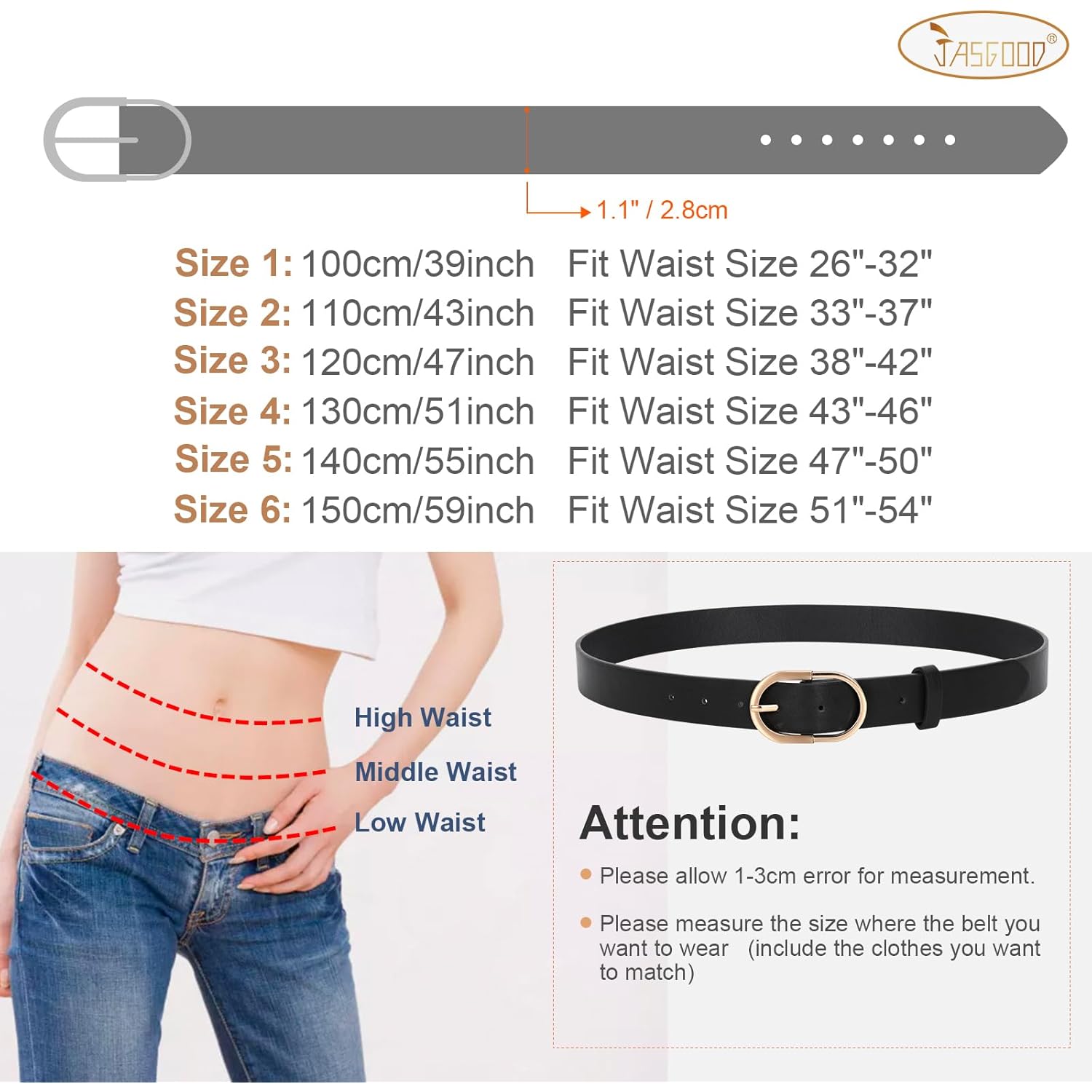 JASGOOD Women’s Leather Belts for Jeans Pants Fashion Ladies Belt with Gold Buckle