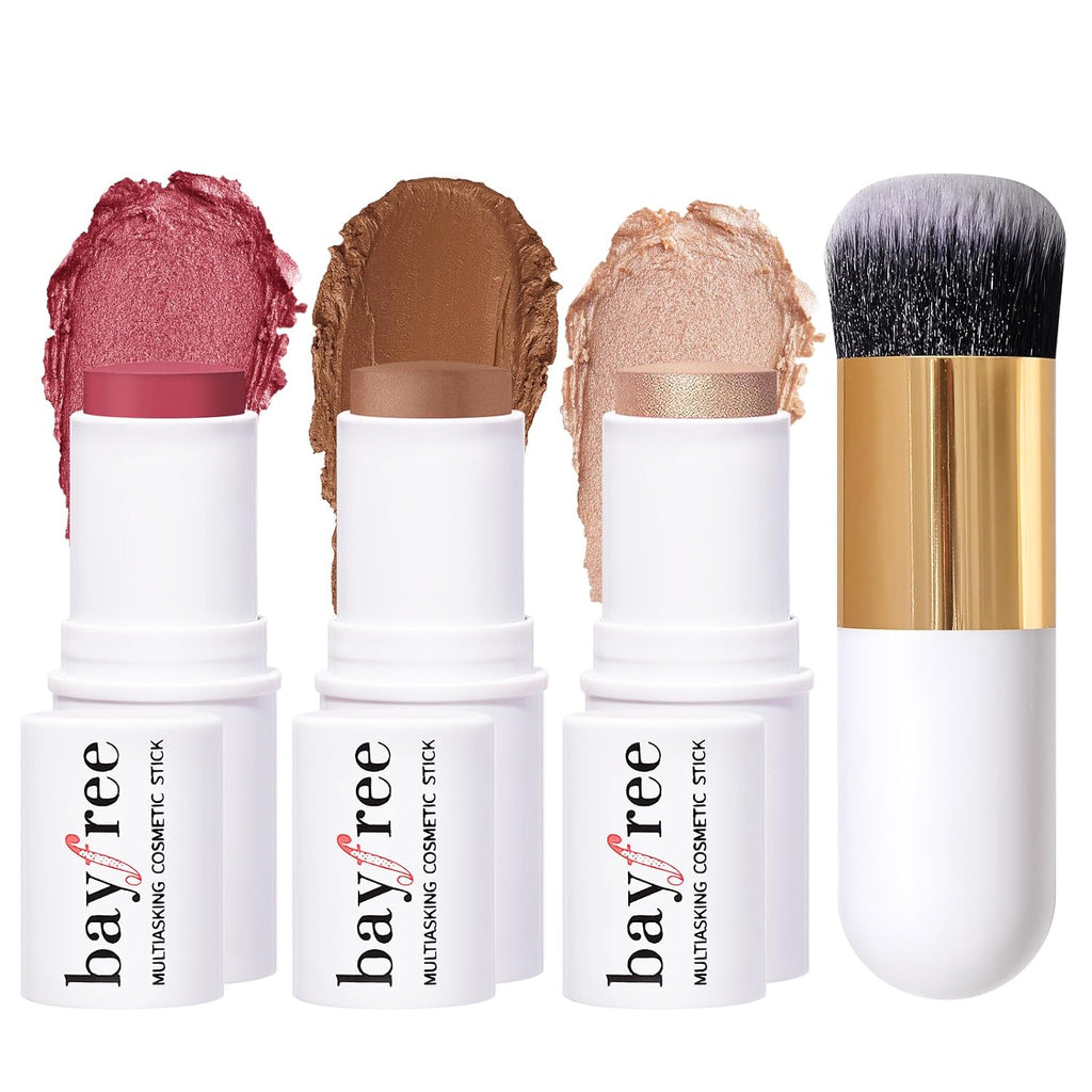 Kimuse Face Sticks Trio, Cream Blush Stick & Highlighter Stick & Contour Stick For Sculpt The Cheeks, Long Lasting Cream Contour Stick Trio For Face Makeup, With Brush