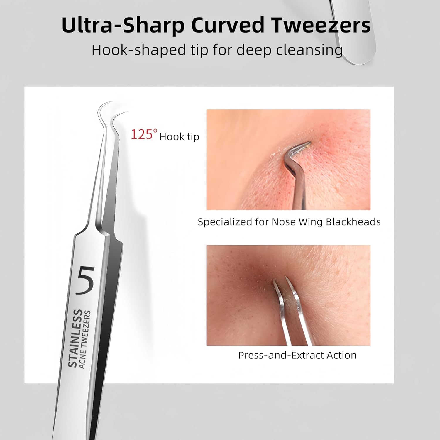 3 Pieces Removal Blackhead Tweezers Precision,Stainless Steel Extractor Acne Removal Kit Pimple Popper Tool, Clip for Whiteheads, Acne Clip, Ingrown Hairs Tweezers