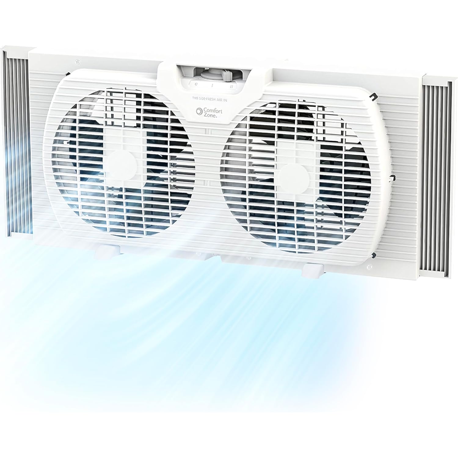 Comfort Zone Twin Window Fan With Reversible Airflow Control, 9 Inch, Auto-Locking Expanders, 2 Speed Fan, Dual Fan, Exhaust, Airflow 9.84 Ft/Sec, Ideal For Home, Kitchen, Bedroom & Office, Cz319Wt