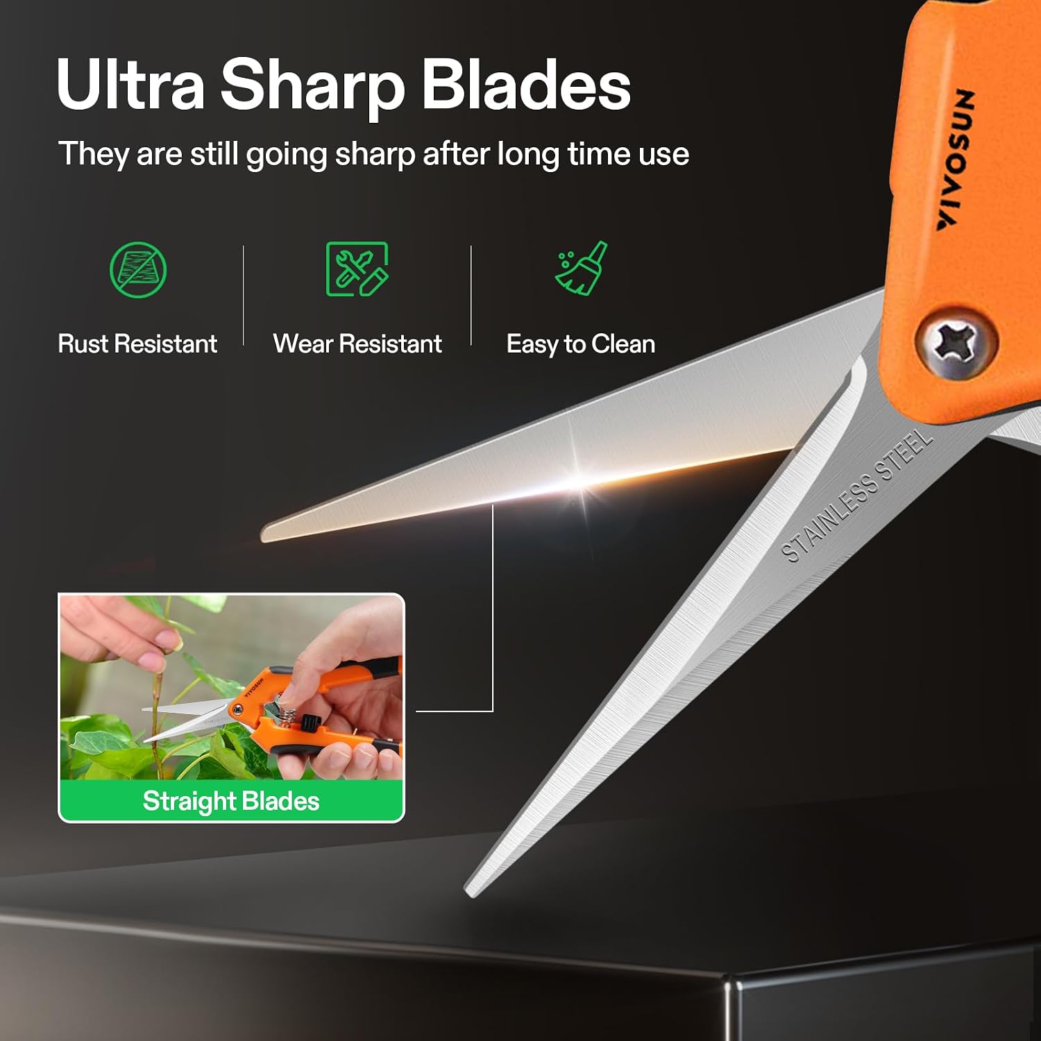 Vivosun 6.5 Inch Gardening Scissors Hand Pruner Pruning Shear With Straight Stainless Steel Blades Orange 1-Pack
