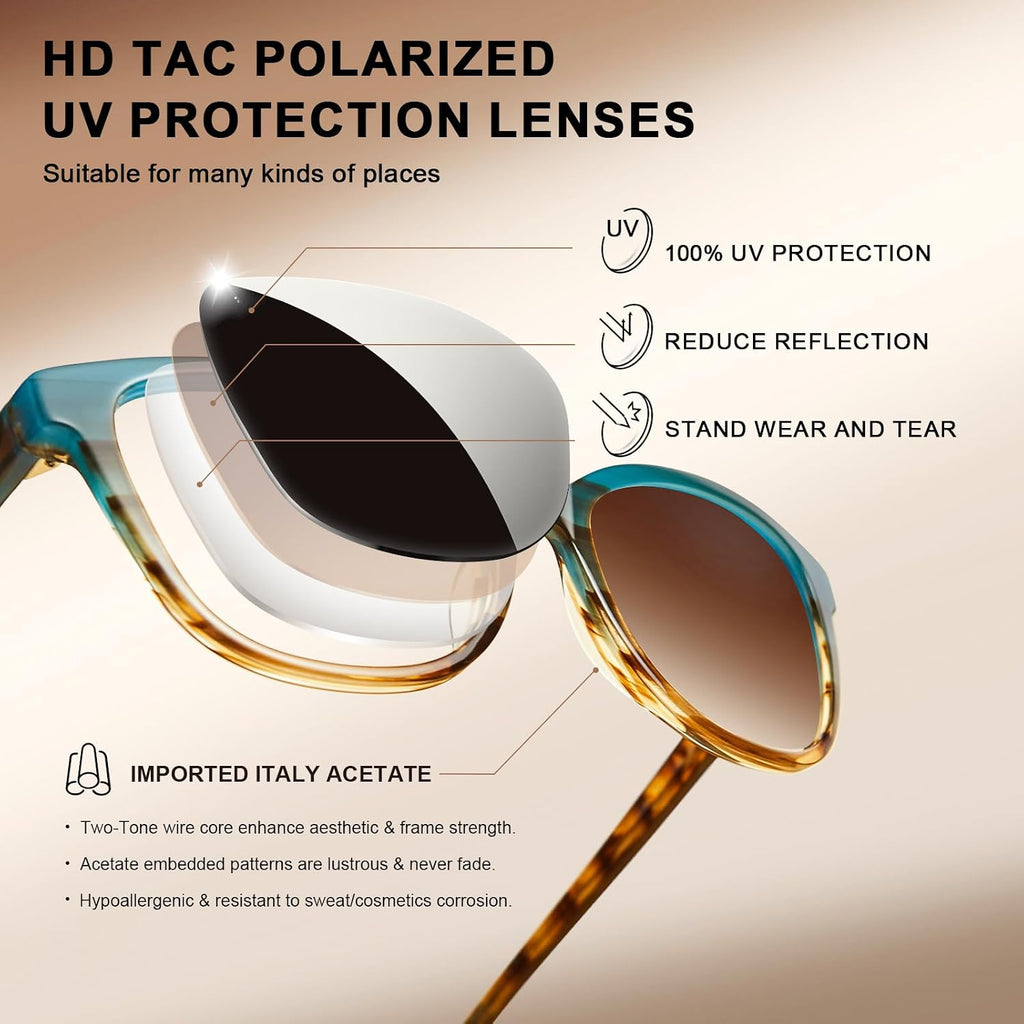 CARFIA Designer Acetate Womens Polarized Sunglasses Fit Most Face Shapes Trendy Shades UV Protection Hypoallergenic Handmade 1. Blue&brown Floral Frame Gradient Brown Lens