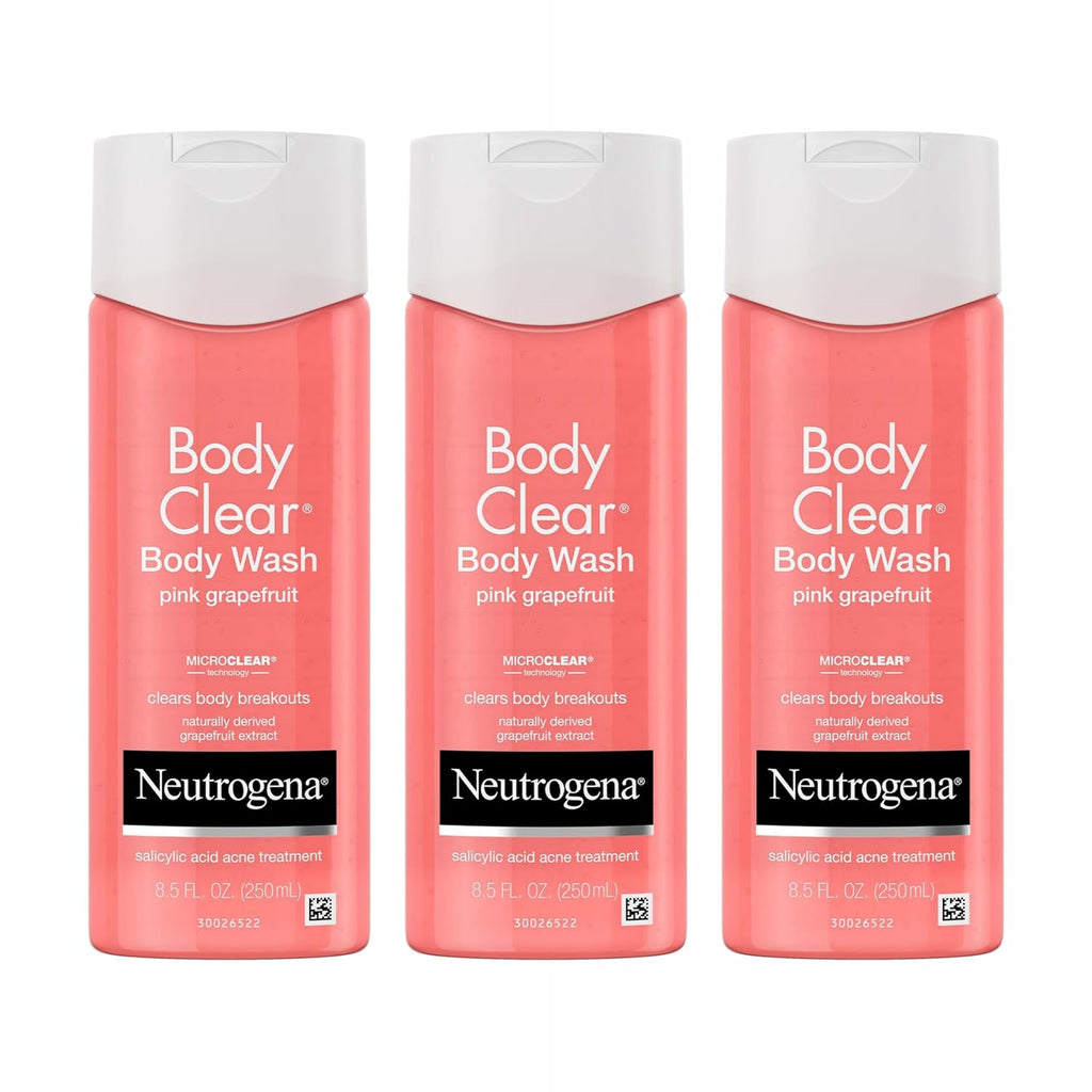 Neutrogena Body Clear Acne Body Wash Pink Grapefruit - Salicylic Acid Formula For Breakout Treatment, Exfoliating Cleanser For Clear Skin, 8.5 Fl. Oz. Bottle, 3-Pack