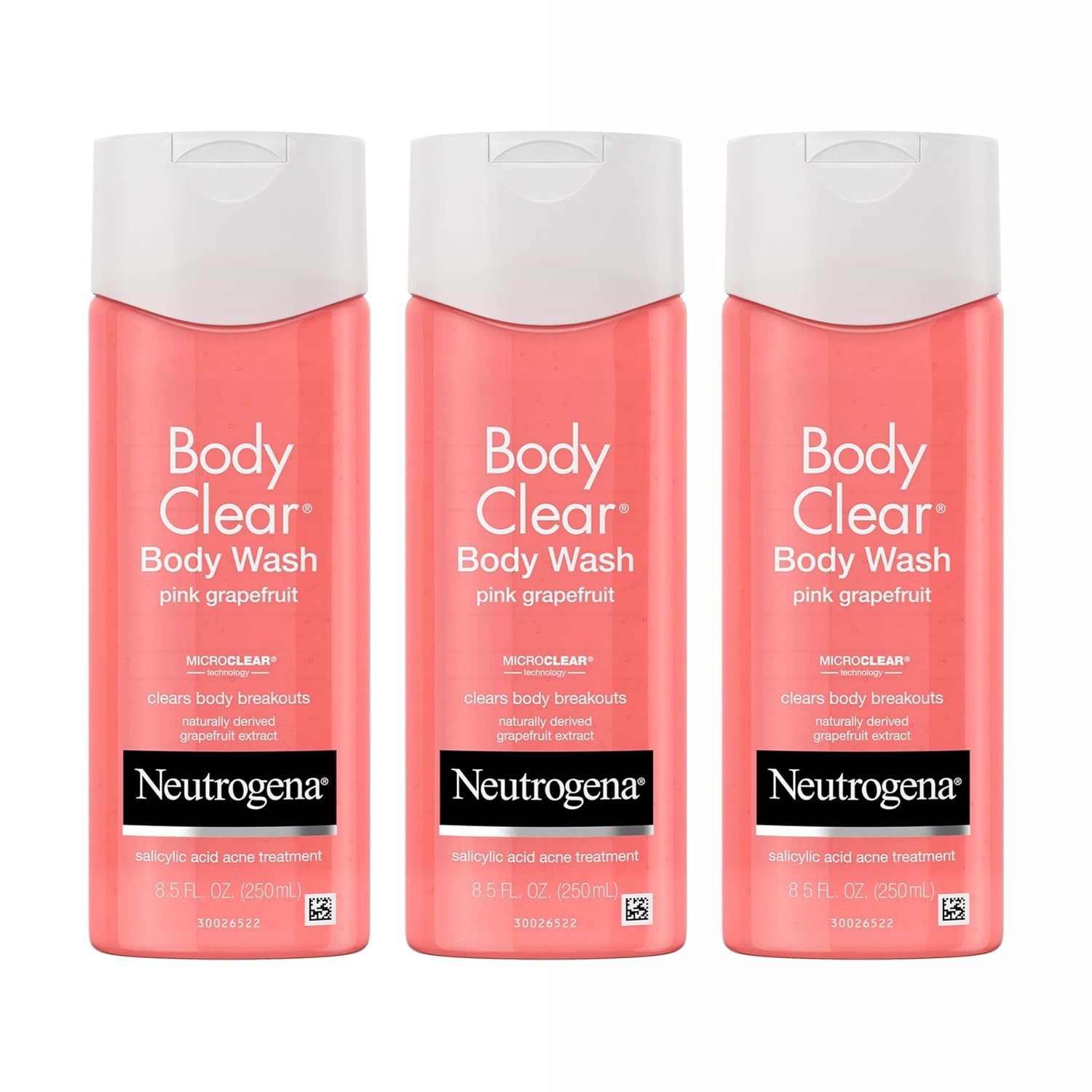 Neutrogena Body Clear Acne Body Wash Pink Grapefruit - Salicylic Acid Formula For Breakout Treatment, Exfoliating Cleanser For Clear Skin, 8.5 Fl. Oz. Bottle, 3-Pack