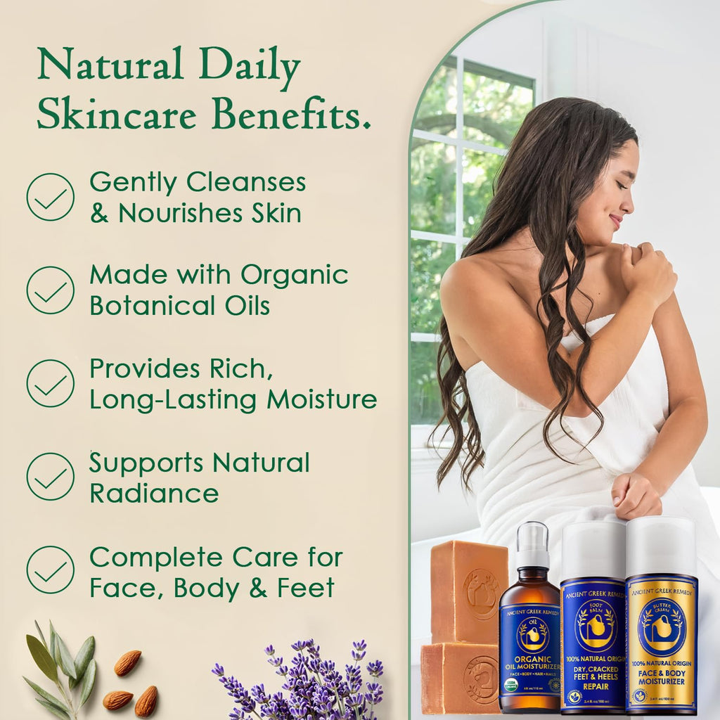Ancient Greek Remedy Organic Spa Gift Set - Body Oil, Face Moisturizer, Foot Balm & 2 Soap Bars - Lavender Scented Skin Care Gift Basket For Women - Perfect For Christmas, Birthdays & Self Care