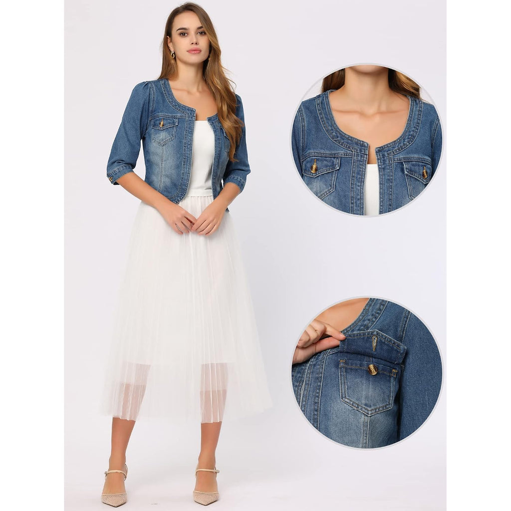 Allegra K Denim Jacket For Women'S Collarless 2025 Cardigan 3/4 Sleeve Crop Jean Jackets