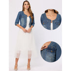 Allegra K Denim Jacket For Women'S Collarless 2025 Cardigan 3/4 Sleeve Crop Jean Jackets