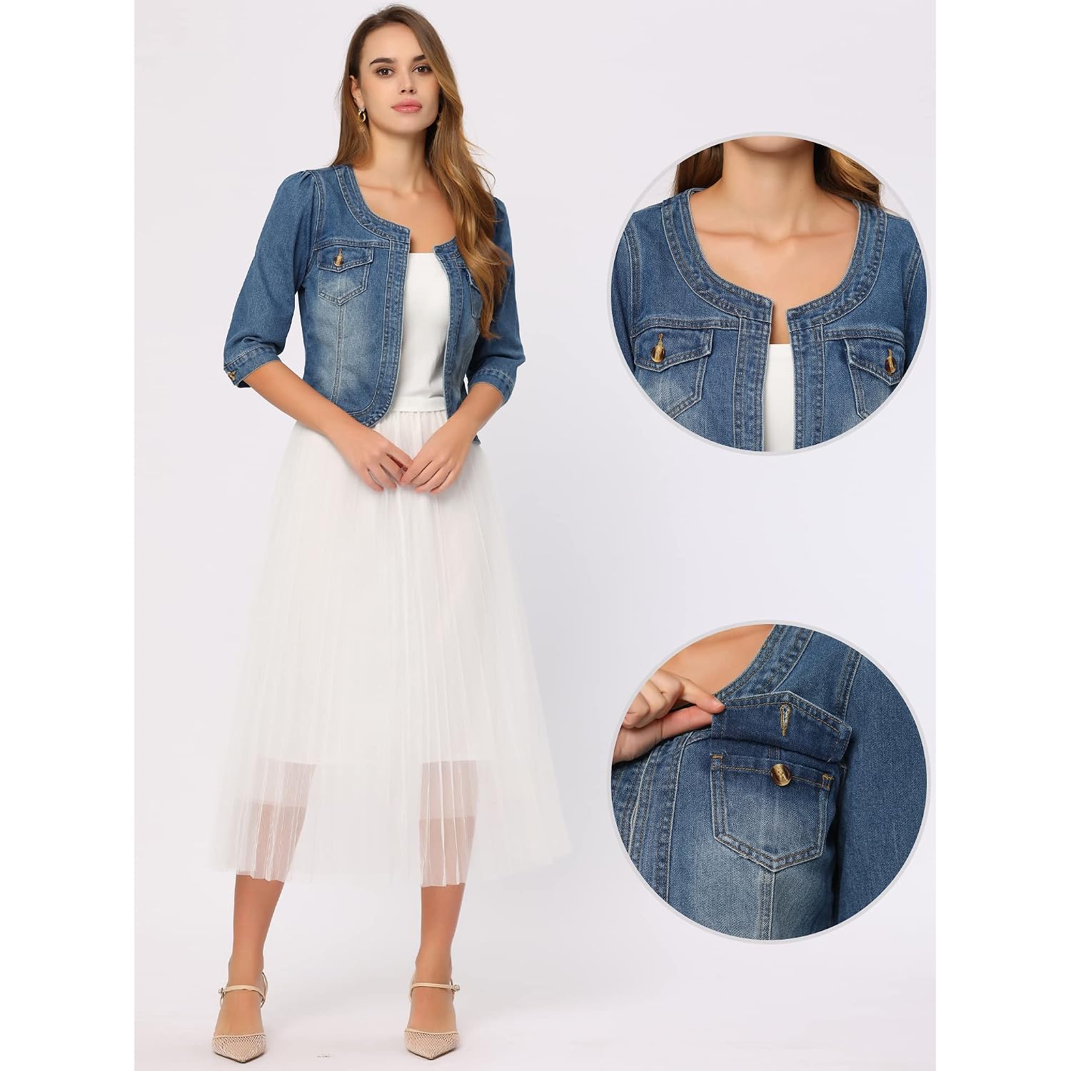 Allegra K Denim Jacket For Women'S Collarless 2025 Cardigan 3/4 Sleeve Crop Jean Jackets