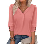 Womens 3/4 Sleeve Tops with Buttons V Neck Summer Outfits Dressy Casual Blouses for Women Fashion Clothes