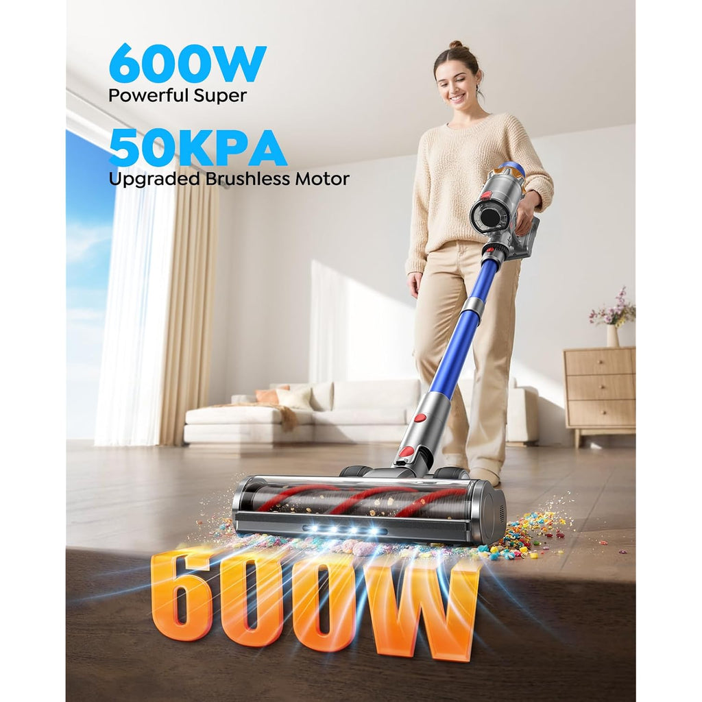 Cordless Vacuum Cleaner With 2 Batteries, 130 Mins/50Kpa/600W Stick Vacuum Cleaners For Home With 3.3Ft Hose, Sofa Brush, Touchscreen Auto-Mode, Wall Mount Charging, Scented, For Floor/Carpet/Pet Hair