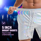 Amy Coulee Mens Metallic Shorts 5" Shiny Holographic Disco Shorts Outfit Sparkly Rave Hot Drawstring Shorts