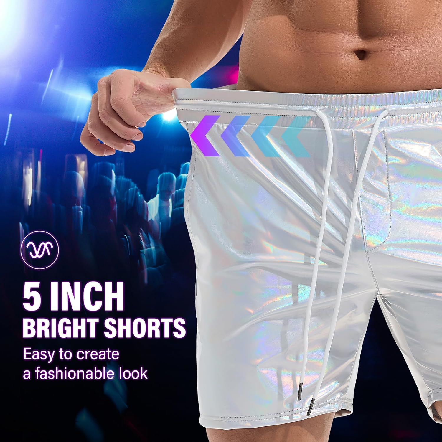 Amy Coulee Mens Metallic Shorts 5" Shiny Holographic Disco Shorts Outfit Sparkly Rave Hot Drawstring Shorts