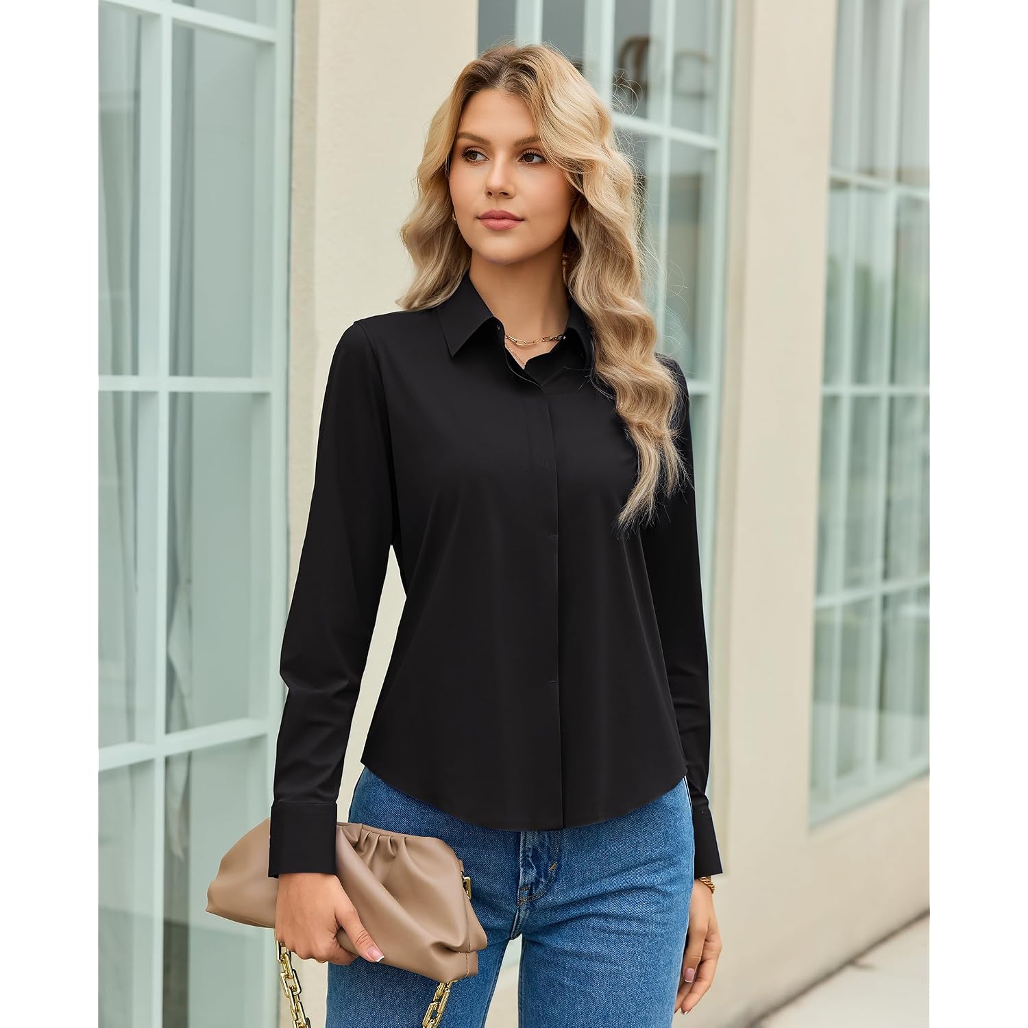Siliteelon Button Down Shirts For Women Stretch Long Sleeve Wrinkle Free Collared Fitted Business Casual Tops Work Blouse