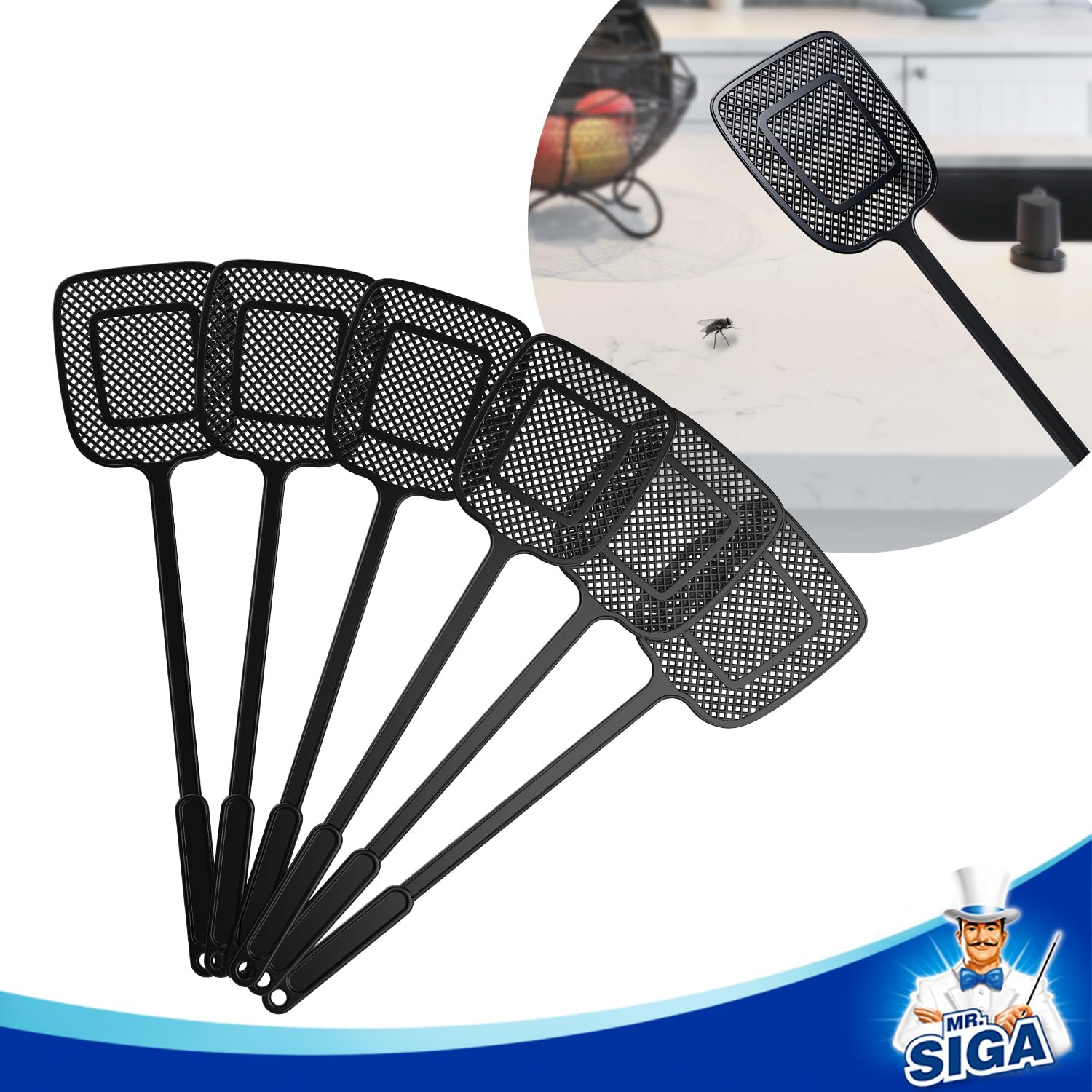 Mr.Siga Heavy Duty Long Handle Fly Swatter, Black, 6 Pack | Fly Swatter For Indoors, Manual Fly Killer, Bug Swatter