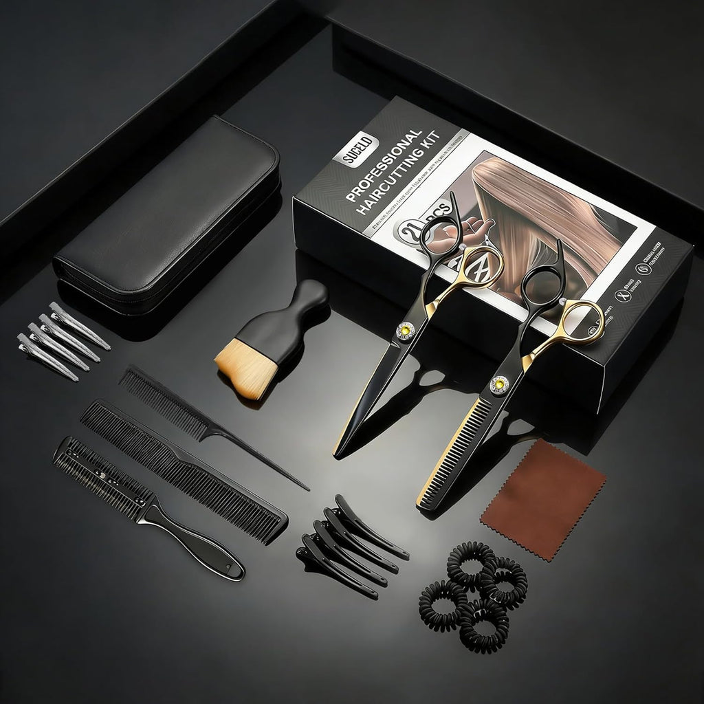 Japanese 6Cr13 Stainless Steel Hair Cutting Scissors Kit, 6” 21-Pcs Barber Scissors Set with Thinning Shears, Sharp No-Pull Blades for Barbers, Cosmetology Students & Home Use
