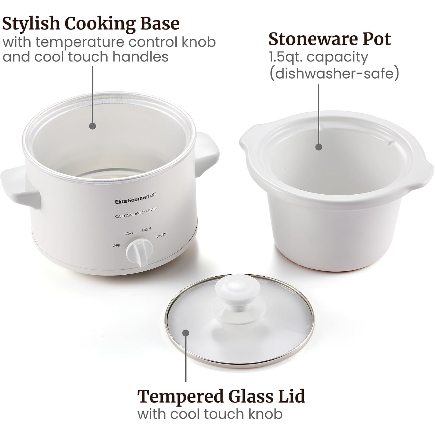 Elite Gourmet Mst-250Xw Electric Slow Cooker Ceramic Pot Adjustable Temp, Entrees, Sauces, Stews & Dips, Dishwasher Safe Glass Lid & Crock