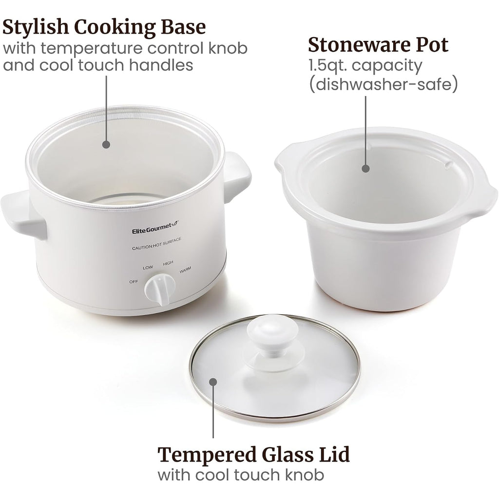 Elite Gourmet Mst-250Xw Electric Slow Cooker Ceramic Pot Adjustable Temp, Entrees, Sauces, Stews & Dips, Dishwasher Safe Glass Lid & Crock