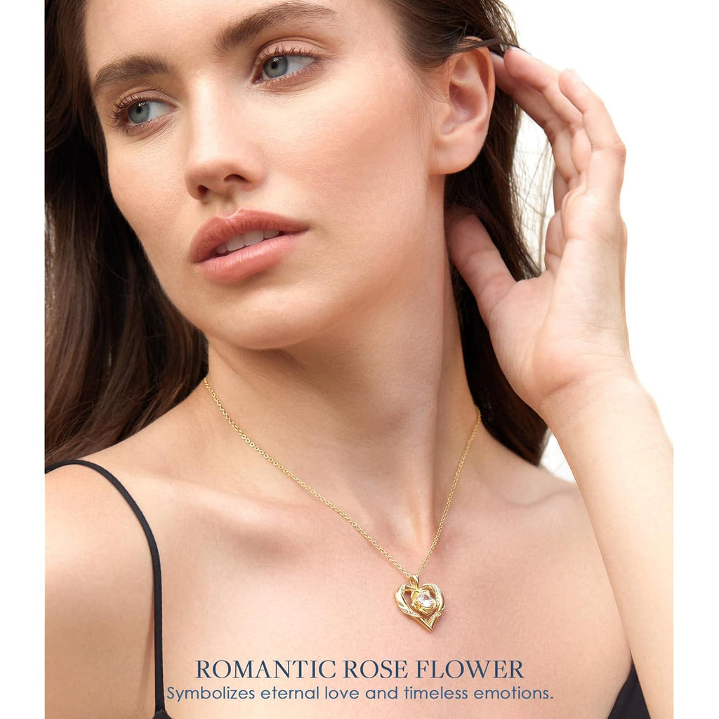 Beam & Bask Rose Flower Heart Moissanite Necklaces for Wife, S925 Silver Pendant for Women, 18K Gold Plated Jewelry for Her Girlfriend Mom for Anniversary Birthday