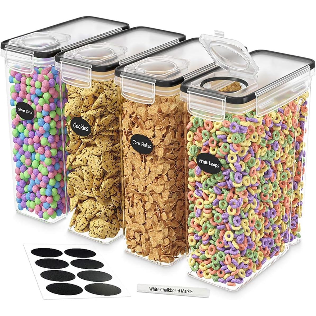 Dwëllza Kitchen Cereal Containers Storage 4L Set Of 4 Airtight Food Storage Containers With Lids Cereal Dispenser Countertop Pantry Organization Canister For Rice Flour & Sugar 1 Marker 8 Labels