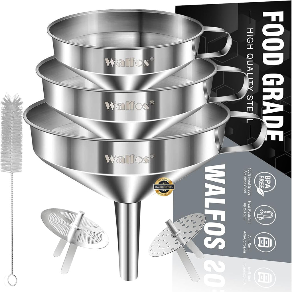 Stainless Steel Funnel, Walfos 3 Pack Kitchen Funnel With 2 Removable Strainer ＆ 1Pcs Cleaning Brush, Perfect For Transferring Of Liquid, Oils, Jam, Dry Ingredients & Powder