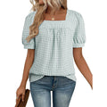Evaless Tops For Women Short Sleeve Tunic Blouse Square Neck Gingham Tops Cotton Blend Plaid Shirt Cute Checkered Shirt