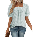 Evaless Tops For Women Short Sleeve Tunic Blouse Square Neck Gingham Tops Cotton Blend Plaid Shirt Cute Checkered Shirt