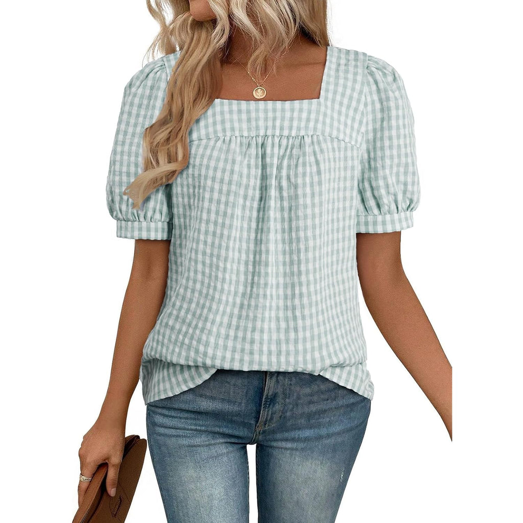 Evaless Tops For Women Short Sleeve Tunic Blouse Square Neck Gingham Tops Cotton Blend Plaid Shirt Cute Checkered Shirt