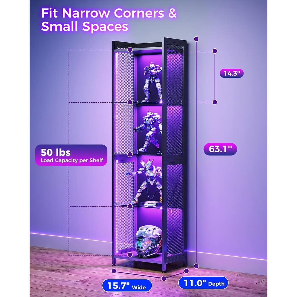 Aodk Display Case With Led Lights, Display Cabinet With Open Glass Shelves For Small Space, 4-Tier Corner Display Shelf With Industrial Mesh, Curio Cabinet For Collectibles, Bookcase