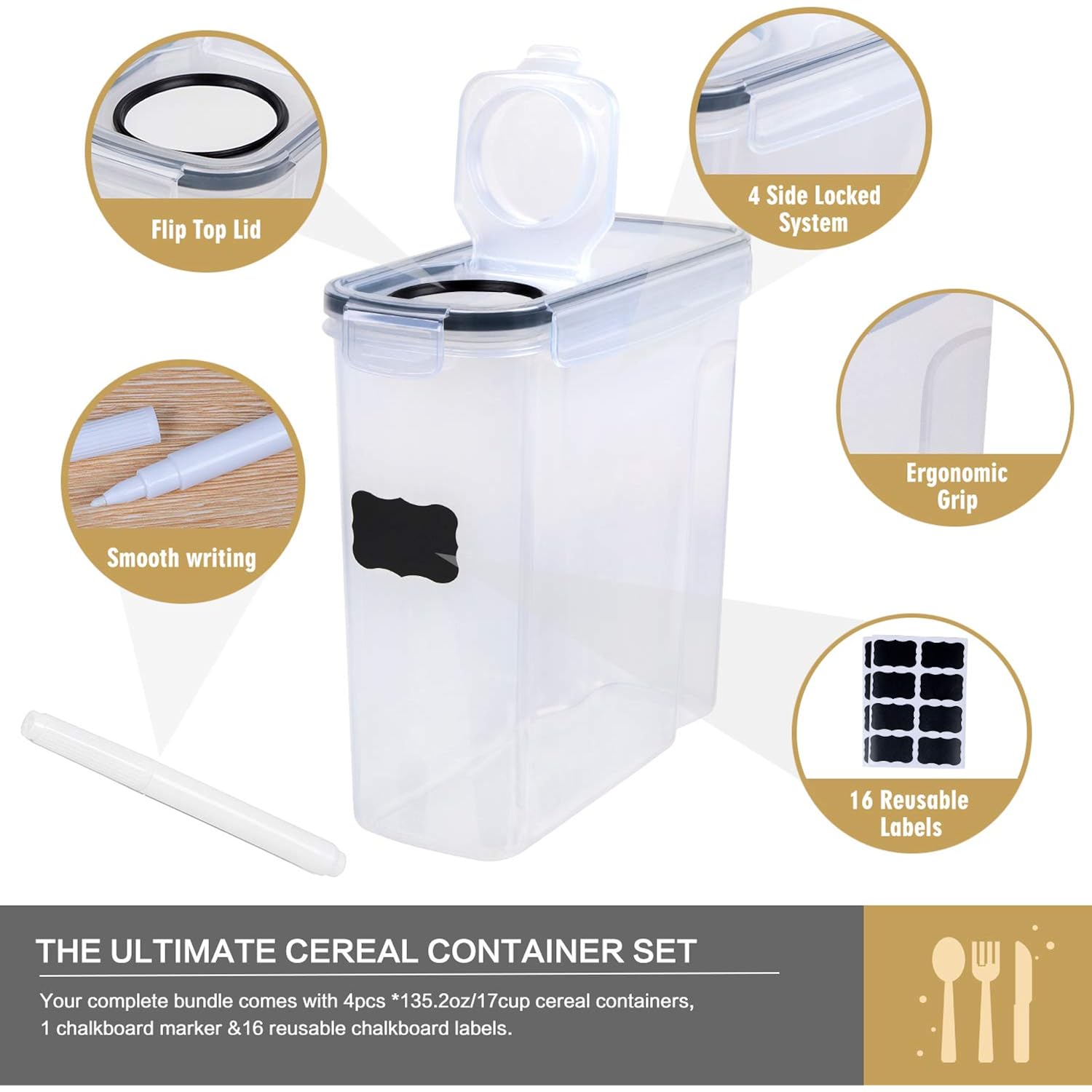 Fooyoo Cereal Containers Storage Set - 4 Piece Airtight Large Food Storage Containers(135.2Oz), Bpa Free Dispenser Plastic Cereal Storage Containers