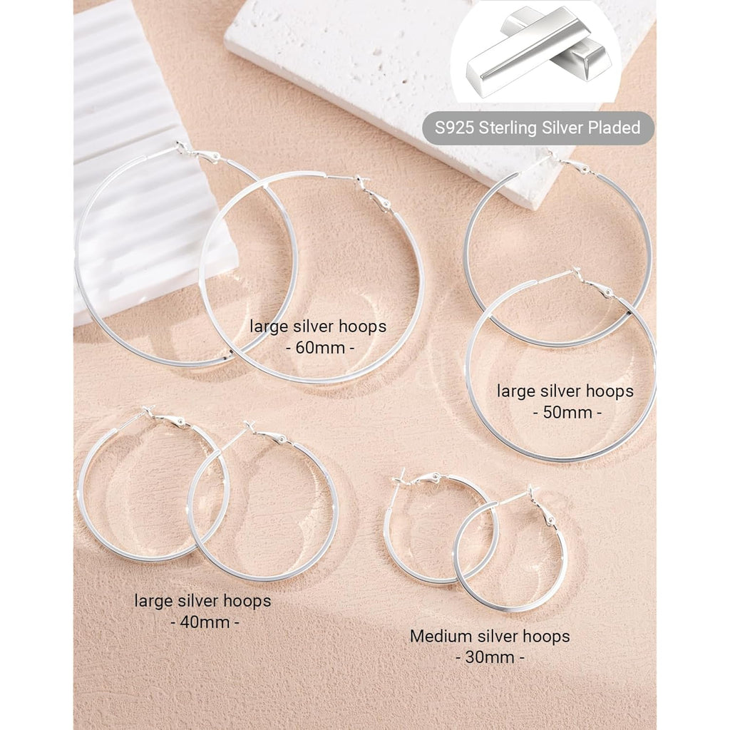 S925 Sterling Silver Post Hoop Earrings for Women Large Lightweight Silver Hoop Earrings 3mm Wide Thin Big Hoop Earrings for Women 30/40/50/60mm