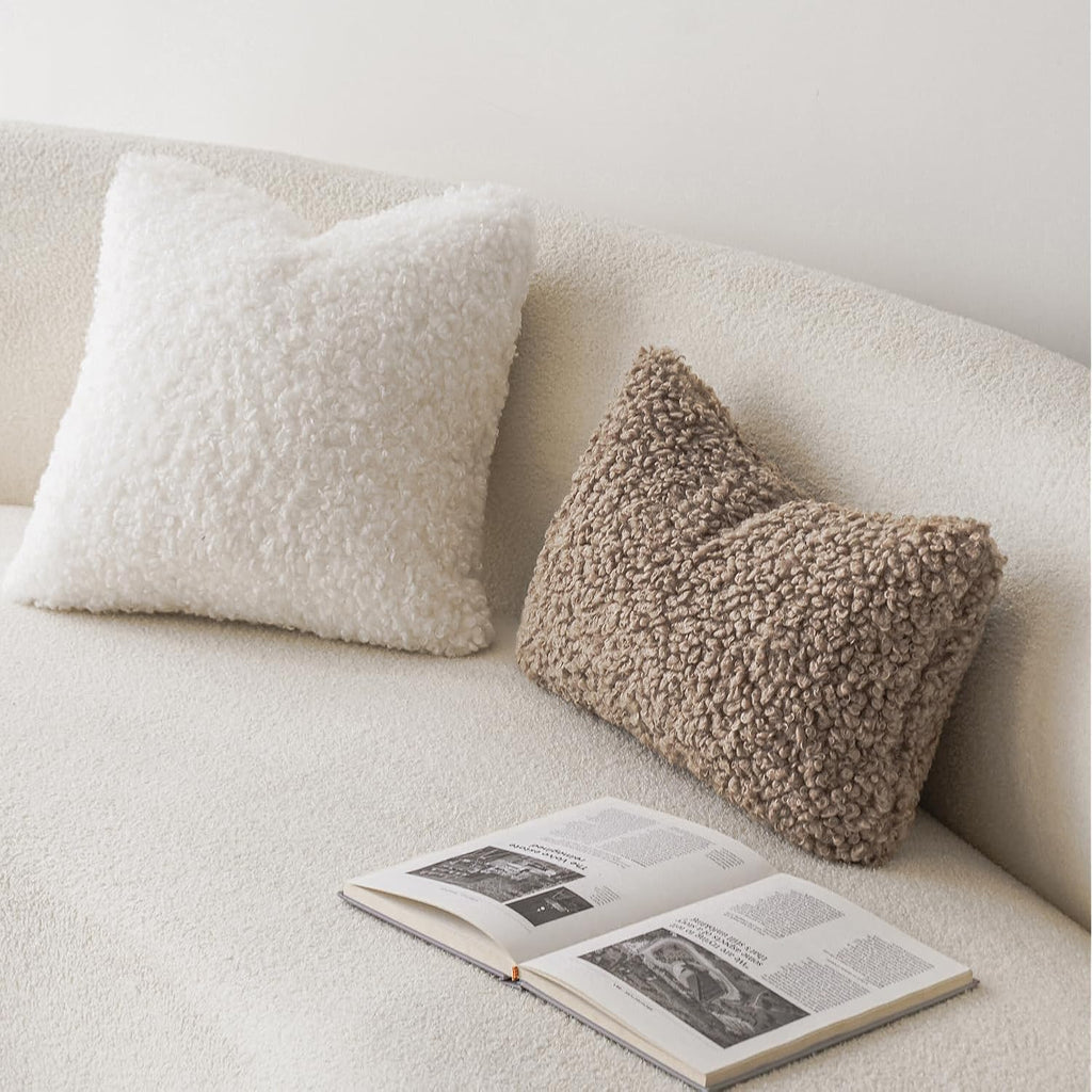 Foindtower Set Of 2 Curly Teddy Wool Pillow Covers Decorative Boucle Textured Lumbar Throw Pillow Faux Fur Pillowcases Sheepskin Cushion Case For Sofa Bedroom Car 12"X20" Khaki