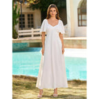 Kutumai Summer Maxi Dresses For Women 2026 V Neck Short Sleeve Bow Tie Flowy Long Formal Wedding Guest Dress With Pockets