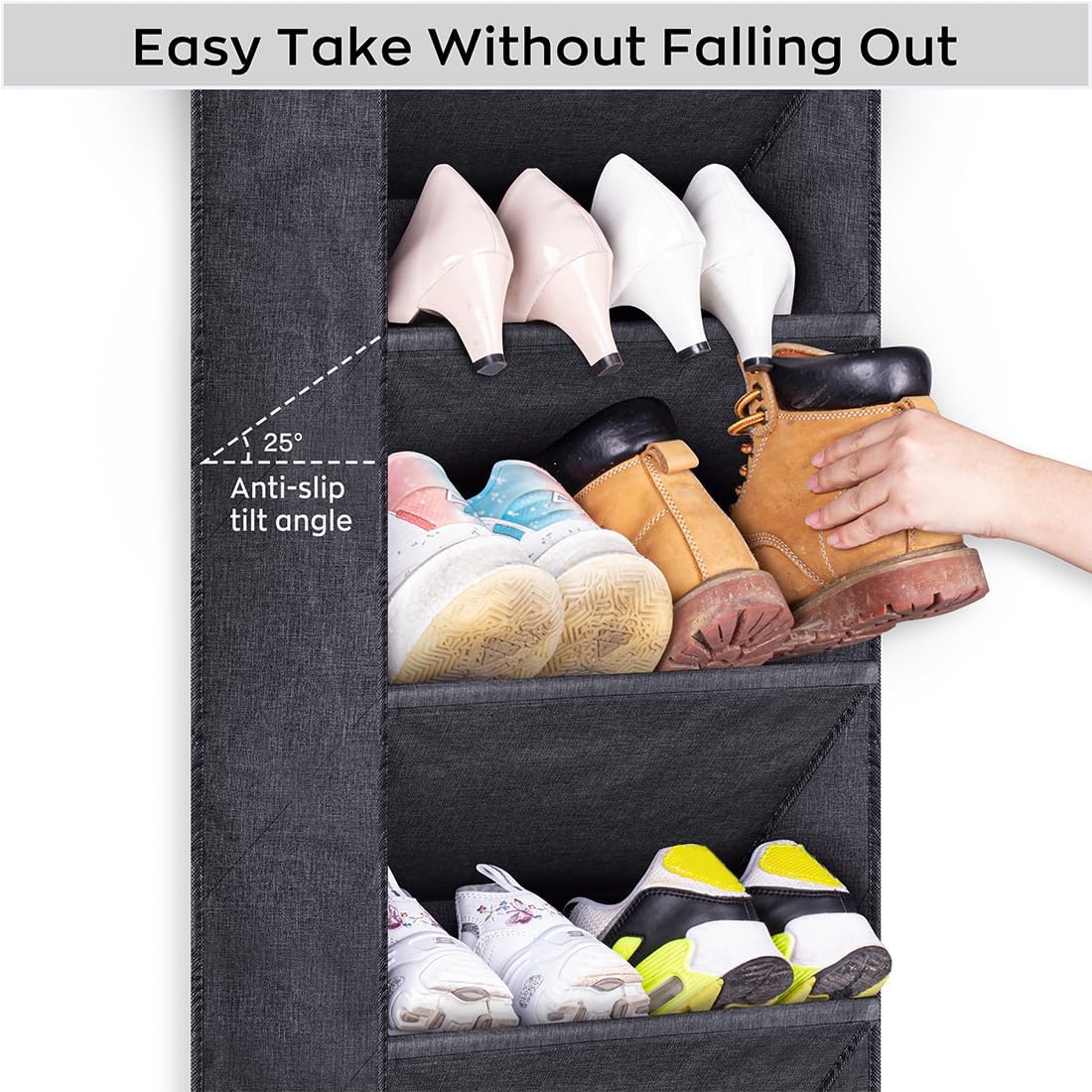 Sleeping Lamb Over The Door Shoe Organizer For Closet With Large Deep Pockets, Narrow Shoe Rack For Door Hanging Boots Storage, Black