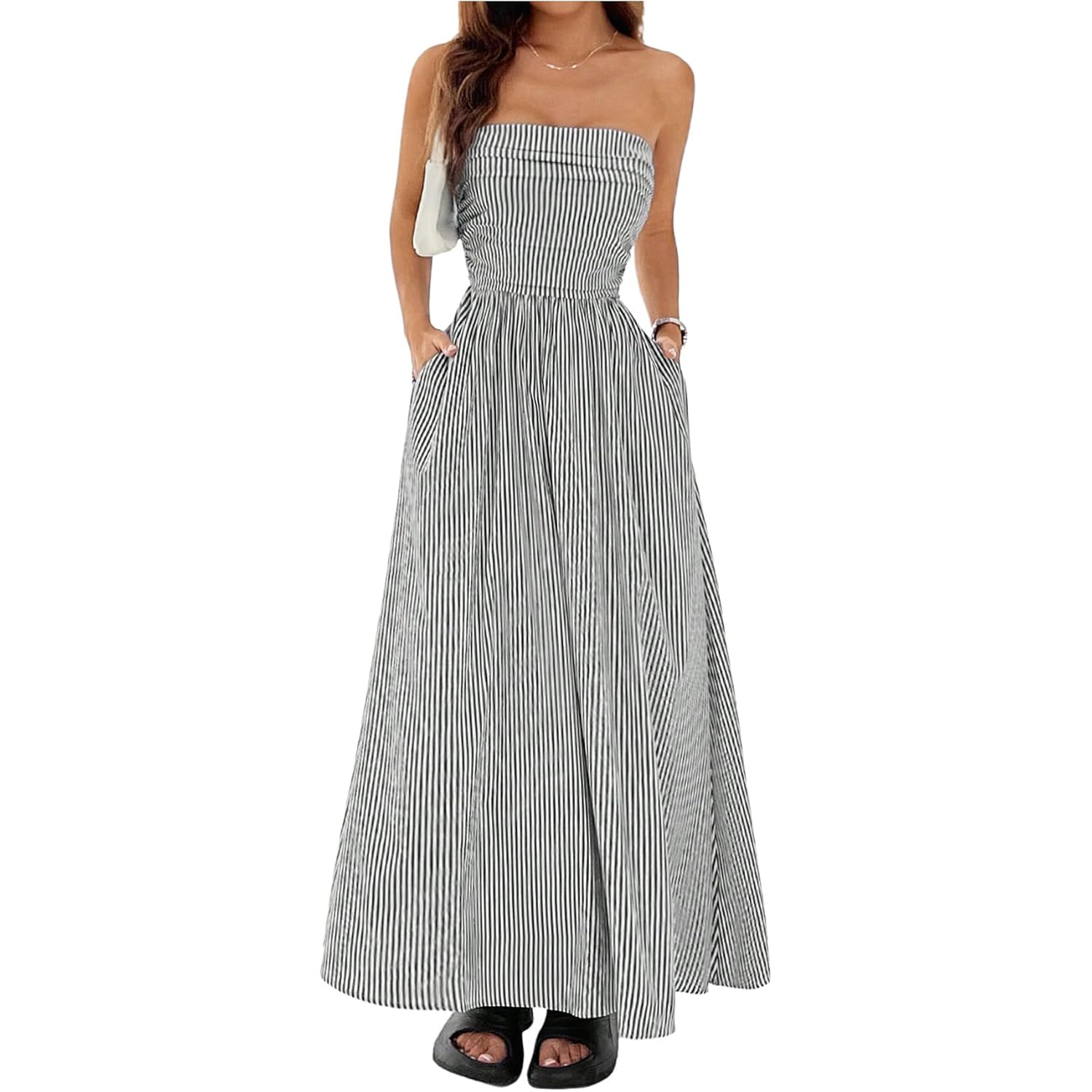 Milumia Women'S Striped Strapless Maxi Dress Summer Casual Tube Top Long Dresses With Pocket