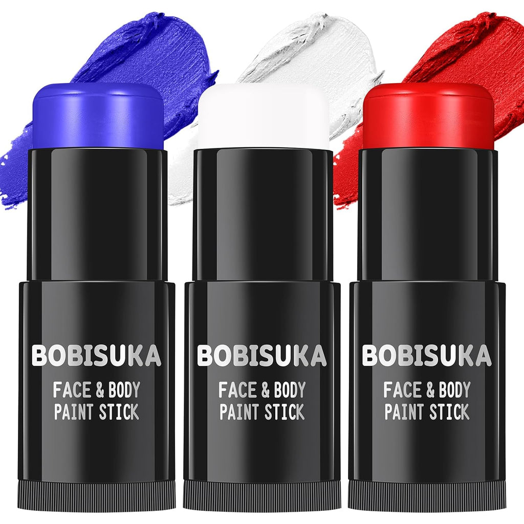 Bobisuka Red White Blue Face Paint Stick Kit, Eye Black Sticks For Football Baseball Softball Lacrosse American-Flag, Body Paints Makeup Kit For Halloween Cosplay Special Effects Costume Sfx