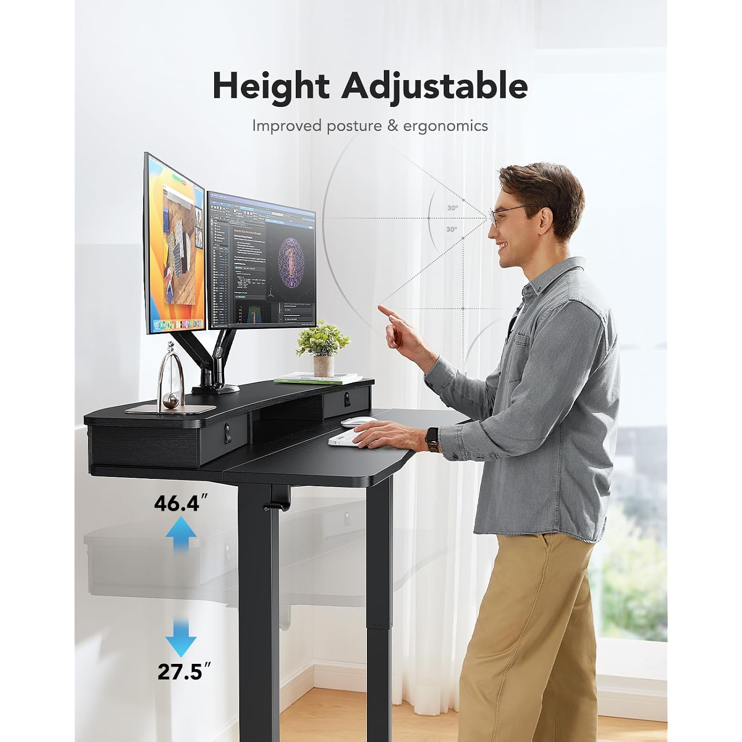 Huanuo 48″ X 24″ Electric Standing Desk With 2 Drawers, C-Clamp Mount Compatible, Height Adjustable Computer Desk, Home Office Stand Up Desk With 4 Preset Heights & 2 Hooks, Black
